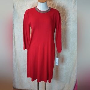 Liz Claiborne knit red dress size M womens rhinestones on the neck 3/4 sleeves